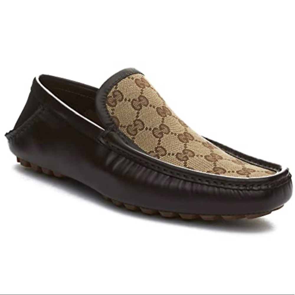 Men’s Gucci brown leather tan monogram canvas driver loafer UK 7 size 8 US